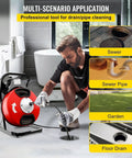 Heavy Duty Electric Drain Auger With Sharp Rotary Blades And Foot Switch For Smashing Backed Up Lines In One To Four Inch Pipes Using Tangle Free Steel Core Snake being used to clear a floor drain.