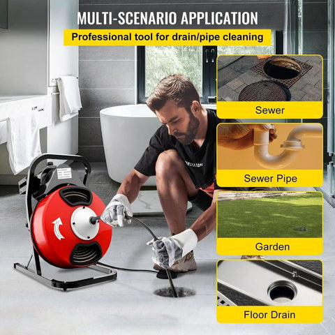 Heavy Duty Electric Drain Auger With Sharp Rotary Blades And Foot Switch For Smashing Backed Up Lines In One To Four Inch Pipes Using Tangle Free Steel Core Snake being used to clear a floor drain.