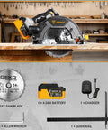 Heavy Duty 20 Volt Cordless Circular Saw Featuring Brushless Motor And 185 Mm Blade 4500 Rpm Speed Built In Led Light Includes 4Ah Battery And Charger For Knockout Performance Cuts Job Site Ready on a workbench with accessories.