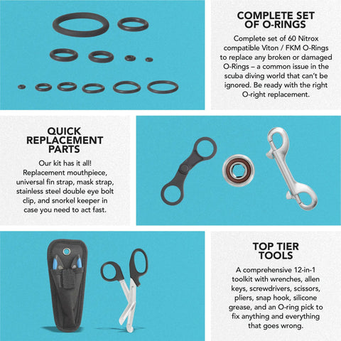 Image of Save A Dive Scuba Repair Kit with O-rings, multi-tool, and case, highlighting Viton/FKM material and replacement parts.