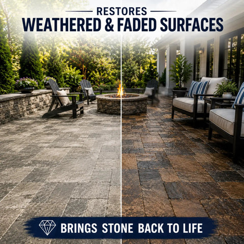 Kickass Water Based Stone And Concrete Paver Sealer That Amps Up Bright Natural Hues While Restoring Faded Surfaces With A Tough Breathable Shield For Marble Granite Slate; before and after stone patio restoration.