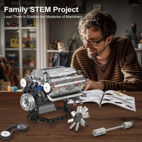 Man assembling V8 Engine Model Kit With Electric Motor And Battery Box 535 Piece DIY STEM Mechanics Engineering Set