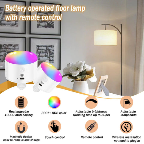 Go Anywhere Cordless Battery Powered Floor Lamp with Remote Control featuring LED bulb, linen shade, USB charging, in a room setting.