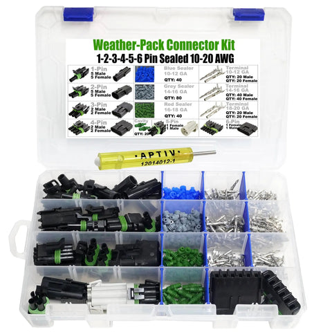 Total Beast 373 Pieces Weather Pack Auto Wiring Connector Kit With Male Female Terminals Fit 10 To 20 AWG Wires 1 To 6 Circuits Includes Removal Tool And Sealer Housing Sweet For Quick Disconnect Splice Jobs On Your Rig Or Boat, open kit with connectors and terminals
