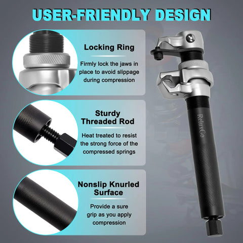 Heavy Duty Coil Spring Compressor Set, 2 Pack with Safety Bracket and Guard Bar, showing locking ring, threaded rod, and knurled surface