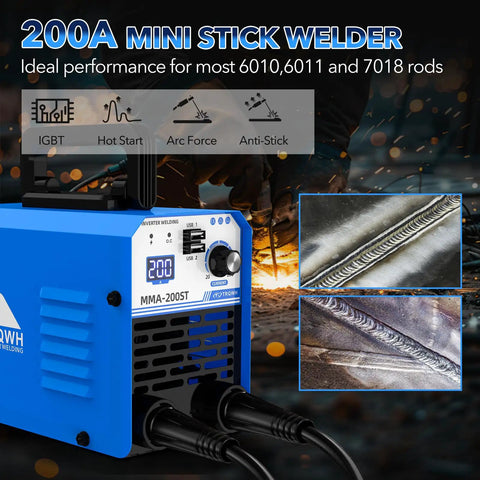 Mini Stick Welder 110V 200A Portable Inverter Welding Machine with IGBT and hot start features, ideal for 6010, 6011, 7018 welds.