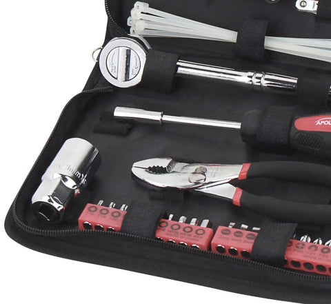 56 Piece Compact Metric Auto Tool Set in Zippered Case for Roadside and Motorcycle Repairs with Sockets, Hex Keys, Pliers, Close-Up