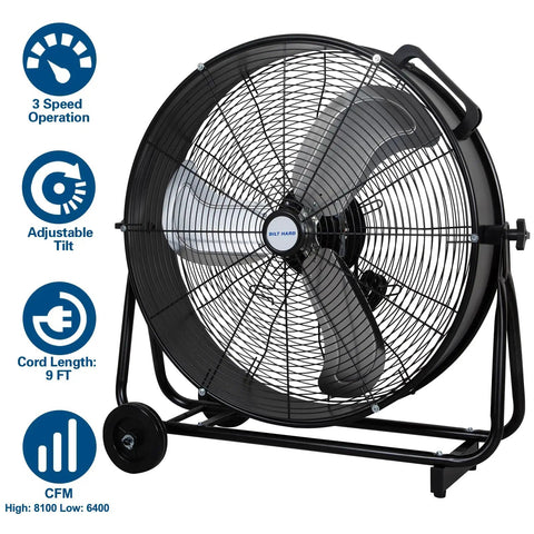 Beefy High Velocity Drum Fan With Two Speed Settings For Industrial Ventilation In Warehouses Workshops Garages Factories And Basements Heavy Duty Metal Construction UL Listed, shown in black with three-speed settings and adjustable tilt, 9 ft cord length label visible.