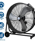Industrial Drum Fan 8100 CFM High Velocity, Heavy Duty Tilt-Head Metal Shop Fan With 3 Speeds, shown with black metal construction.