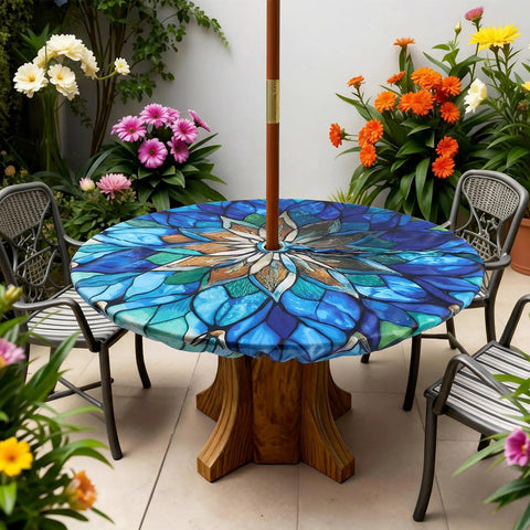 Mandala Round Outdoor Tablecloth With Umbrella Hole Zipper For 45 To 53 Inch Tables Waterproof Anti Wrinkle Durable Patio