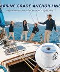 Heavy Duty Three Eighths Inch 50 Foot Boat Anchor Rope With Solid Braid MFP Marine Line Including Stainless Steel Thimble And Shackle for Boats, shown on sailboat deck with team.