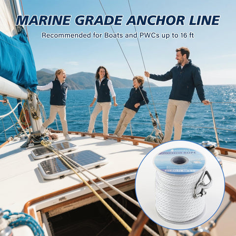 Heavy Duty Three Eighths Inch 50 Foot Boat Anchor Rope With Solid Braid MFP Marine Line Including Stainless Steel Thimble And Shackle for Boats, shown on sailboat deck with team.
