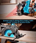 Heavy Duty 6-1/2 Inch Cordless Circular Saw Featuring Twin 21V 8000 Mah Battery Set And Rapid Charger Kit with laser guide on wood.