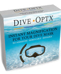 Packaging of Stick On Bifocal Magnifier Lenses For Dive Masks With Plus 1.50 Magnification, 2 Pack, showing scuba goggles illustration