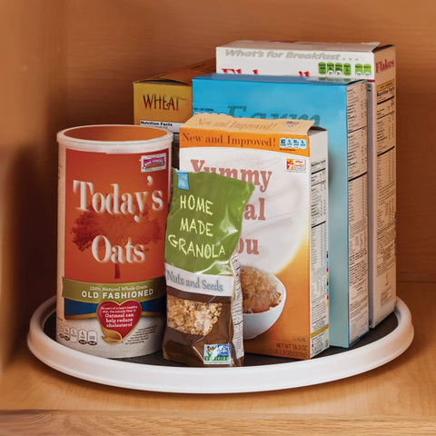 18-Inch Lazy Susan Turntable Organizer For Pantry And Cabinets Non-Skid Spinner For Spices Condiments And Bottles with breakfast foods