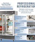 Professional refrigeration with easy access glass doors, adjustable shelving, and digital temp control for high-volume food storage.