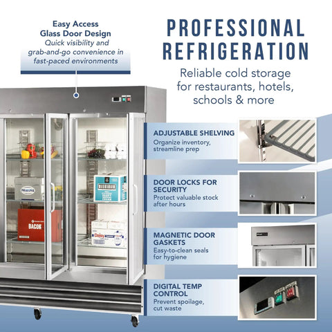 Professional refrigeration with easy access glass doors, adjustable shelving, and digital temp control for high-volume food storage.