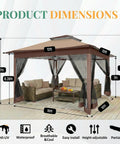12x12 Pop Up Gazebo Canopy Tent With Mosquito Netting, Easy Up Metal Frame, Waterproof Outdoor Shelter, dimensions displayed