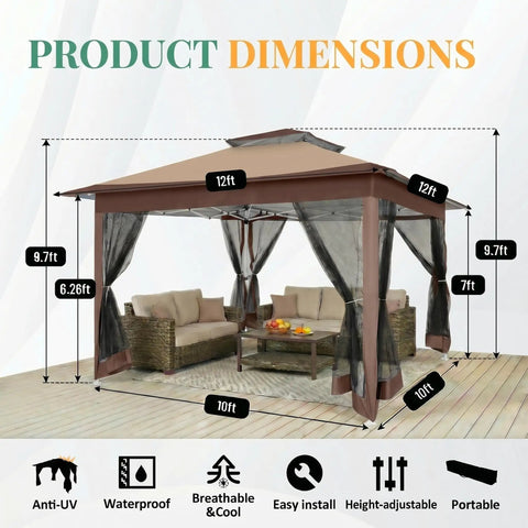 12x12 Pop Up Gazebo Canopy Tent With Mosquito Netting, Easy Up Metal Frame, Waterproof Outdoor Shelter, dimensions displayed