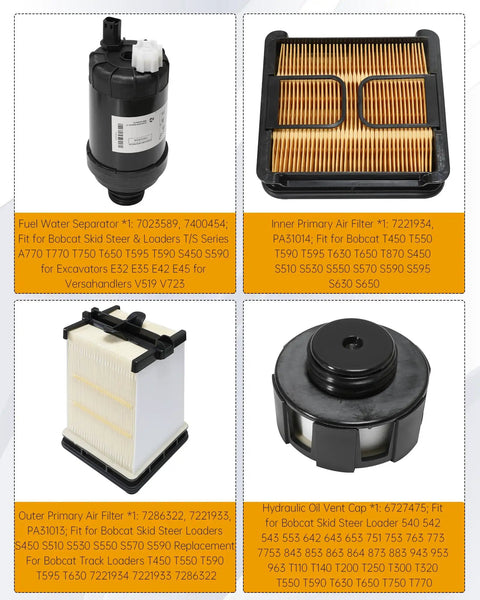 All In One Filter Service Kit For S450 S510 S530 S550 S570 S590 S595 S630 S650 And T450 T550 T590 T595 T630 T650 Heavy Duty Replacement Parts 7221933 7286322 7012303 7221934 7343102 702358 showing fuel water separator, air filters, hydraulic cap