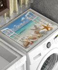 Washer And Dryer Top Protector Mat With Anti Slip, Absorbent Dust Cover Pad displaying beach scene with shells on laundry appliance