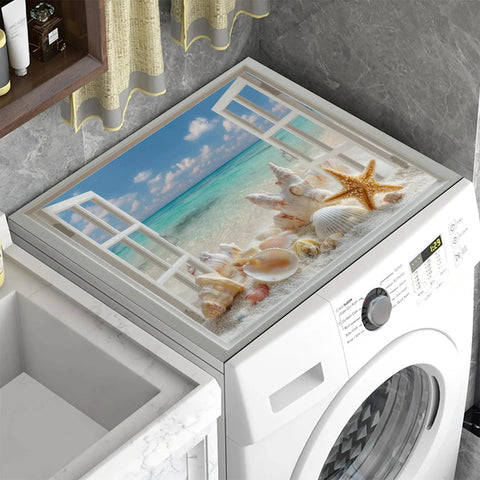 Washer And Dryer Top Protector Mat With Anti Slip, Absorbent Dust Cover Pad displaying beach scene with shells on laundry appliance
