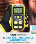 4 Gas Meter For Confined Space With O2 CO H2S LEL Sensors Factory Calibrated With NIST Calibration device in hand displaying readings
