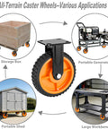 Eight Inch Heavy Duty Caster Wheels Set Of Four Featuring Never Flat Solid Rubber Tires With Knobby Treads, shown in various applications.