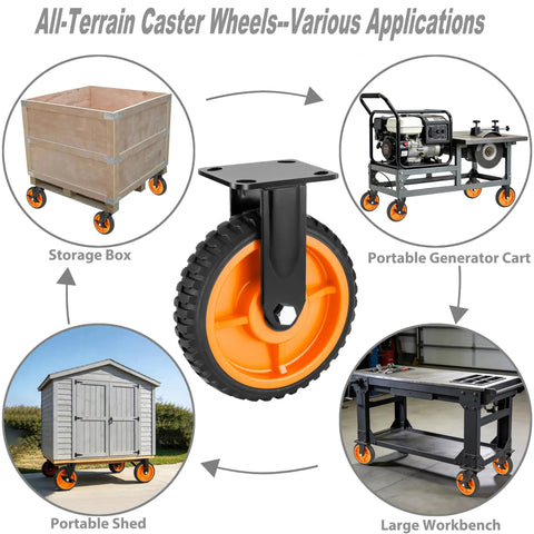 Eight Inch Heavy Duty Caster Wheels Set Of Four Featuring Never Flat Solid Rubber Tires With Knobby Treads, shown in various applications.