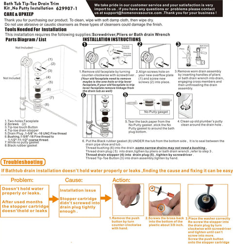 Installation guide for Tap To Open Close Bath Drain Trim Kit In Matte Black with step-by-step diagrams and troubleshooting tips.