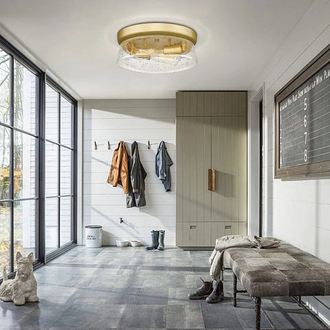 12 Inch 2-Light Modern Gold Flush Mount Ceiling Light With Seeded Glass in a stylish entryway, brushed champagne finish.