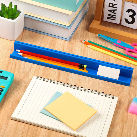 Classroom Desk Name Plate Holder And Index Card Organizer for students, blue, holding pencils on a study desk.
