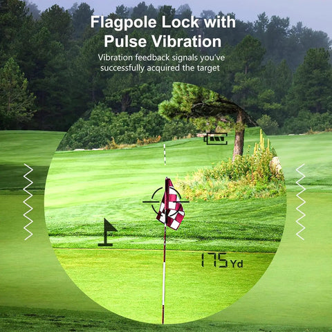 Golf Rangefinder With Pin Seeker And 6X Magnification, showing flag lock with pulse vibration on a golf course, 175 yards display