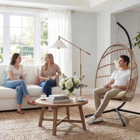 Hanging Egg Chair With Stand And Footrest For Indoor Outdoor Use, Foldable Wicker Rattan Patio Egg Swing Chair with UV resistant cushion