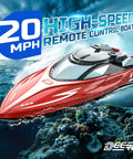 Fast RC Boat For Pools And Lakes With 2.4 GHz Remote Reaches Up To 20 MPH on display in ocean scene, showing speed capability.