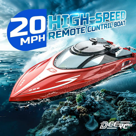 Fast RC Boat For Pools And Lakes With 2.4 GHz Remote Reaches Up To 20 MPH on display in ocean scene, showing speed capability.