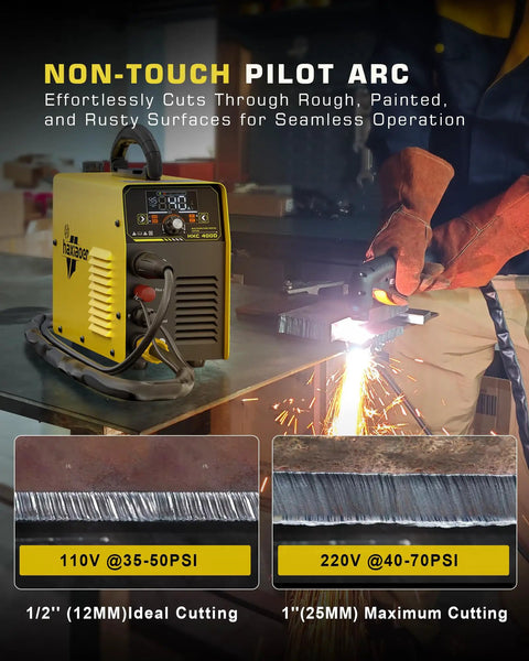 HXC400D Plasma Cutter 110/220V Dual Voltage 40A Non High Frequency Non Touch Pilot Arc with LED Display in use cutting metal