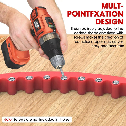 Top Tier 78 Inch Flexible Router Template For Woodworking Precision Curve Bending Strip With Slick Edge Guide For Dead Smooth Arch Routing And No Sweat Cuts On Projects, adjustable red acrylic template being used with a drill.