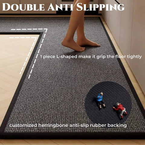 Person standing on L Shaped Kitchen Mat With Anti Slip Corners For Floor In Front Of Sink Absorbent Washable Runner Rug For Home Kitchen Office Black Brown Right L 6 Foot 7 Inch By 4 Foot 7 Inch with visible herringbone rubber backing.