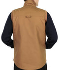 Mens Heavy Duty Flame Retardant Work Vest Insulated For Winter Cold Weather viewed from the back, brown cotton canvas material.