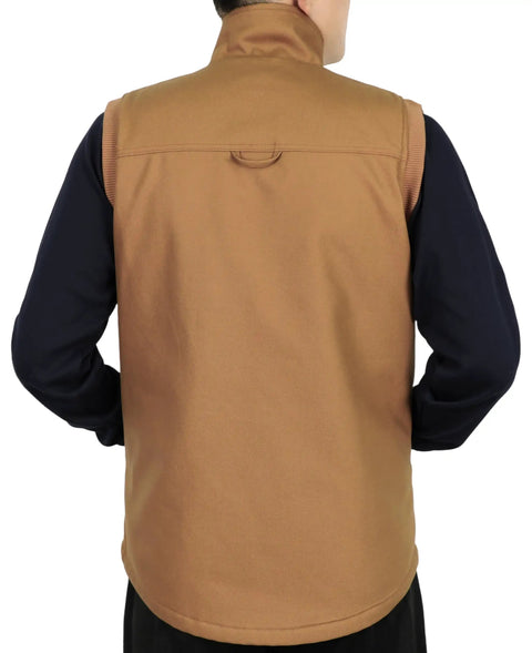 Mens Heavy Duty Flame Retardant Work Vest Insulated For Winter Cold Weather viewed from the back, brown cotton canvas material.