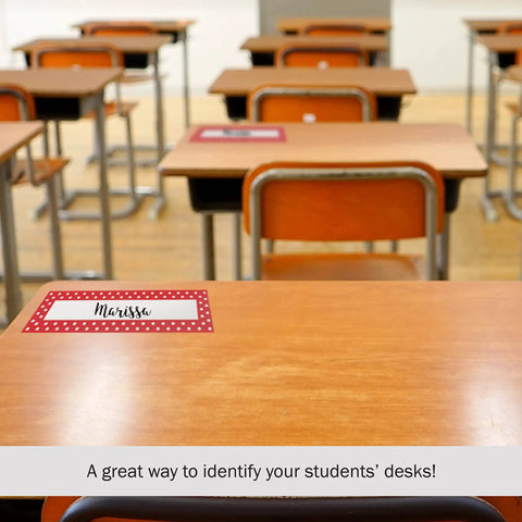 Classroom desks with Double Sided Desk Nameplates And Bulletin Board Signs In Red And White Dots No Fuss Multi Purpose Labels