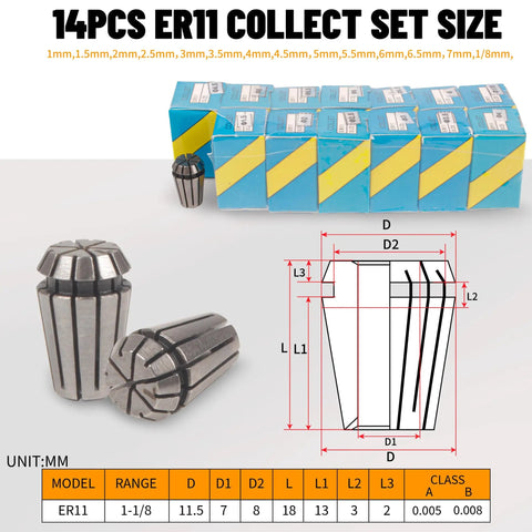 14-piece ER11 collet set with size chart, part of Beefed Up 1.5KW Water Cooled CNC Spindle Kit With 80mm Mount, 110V VFD Inverter.