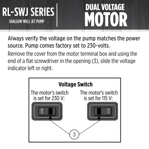 Voltage switch diagram for Shallow Well Jet Pump, Half Horsepower, Cast Iron, 12.6 GPM, Dual Voltage 115 or 230 Volts