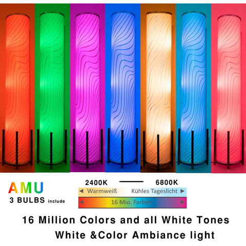 61 Inch Color Changing Floor Lamp With 3 Smart LED Bulbs in various RGB color modes, modern design, standing tall with vibrant lighting.