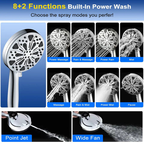 Various spray modes of Magnetic Docking High Pressure Handheld Shower Head With Hard Water Filter displayed on blue background.