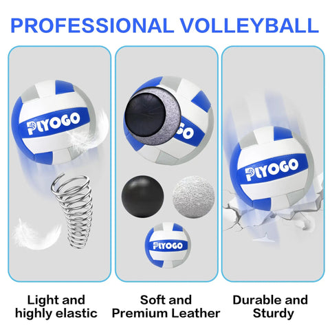 Professional volleyball with Piyogo branding, light elastic design, soft leather texture, and durable construction features.