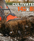 Electric Garden Tiller Cultivator With 14 Inch Cutting Width And Foldable Handle 12 Amp Corded Rototiller With 4 Steel Tines Wheels digging soil