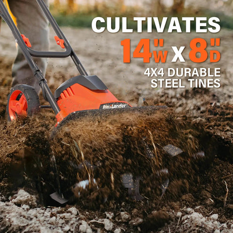 Electric Garden Tiller Cultivator With 14 Inch Cutting Width And Foldable Handle 12 Amp Corded Rototiller With 4 Steel Tines Wheels digging soil