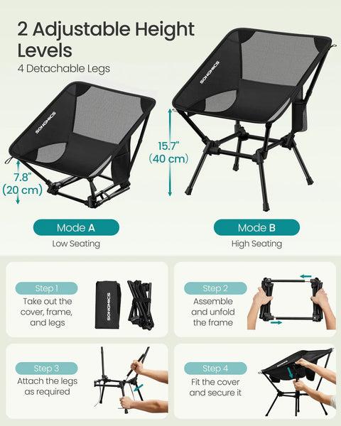 Portable Camping Chair With 330 Pounds Capacity Lightweight Backpacking Chair Adjustable Height Steel Frame Two Storage Pockets Solid Outdoor Hangout Seat For Travel Black with adjustable height levels.